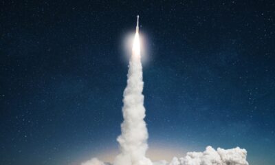 Spaceship,Takes,Off,Into,The,Starry,Sky.,Rocket,Starts,Into