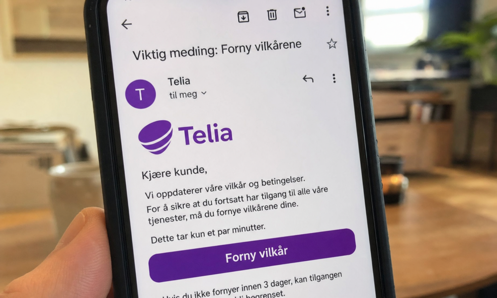 Telia advarer mot falske e-poster: Ber deg «fornye vilkår», ikke klikk på lenken