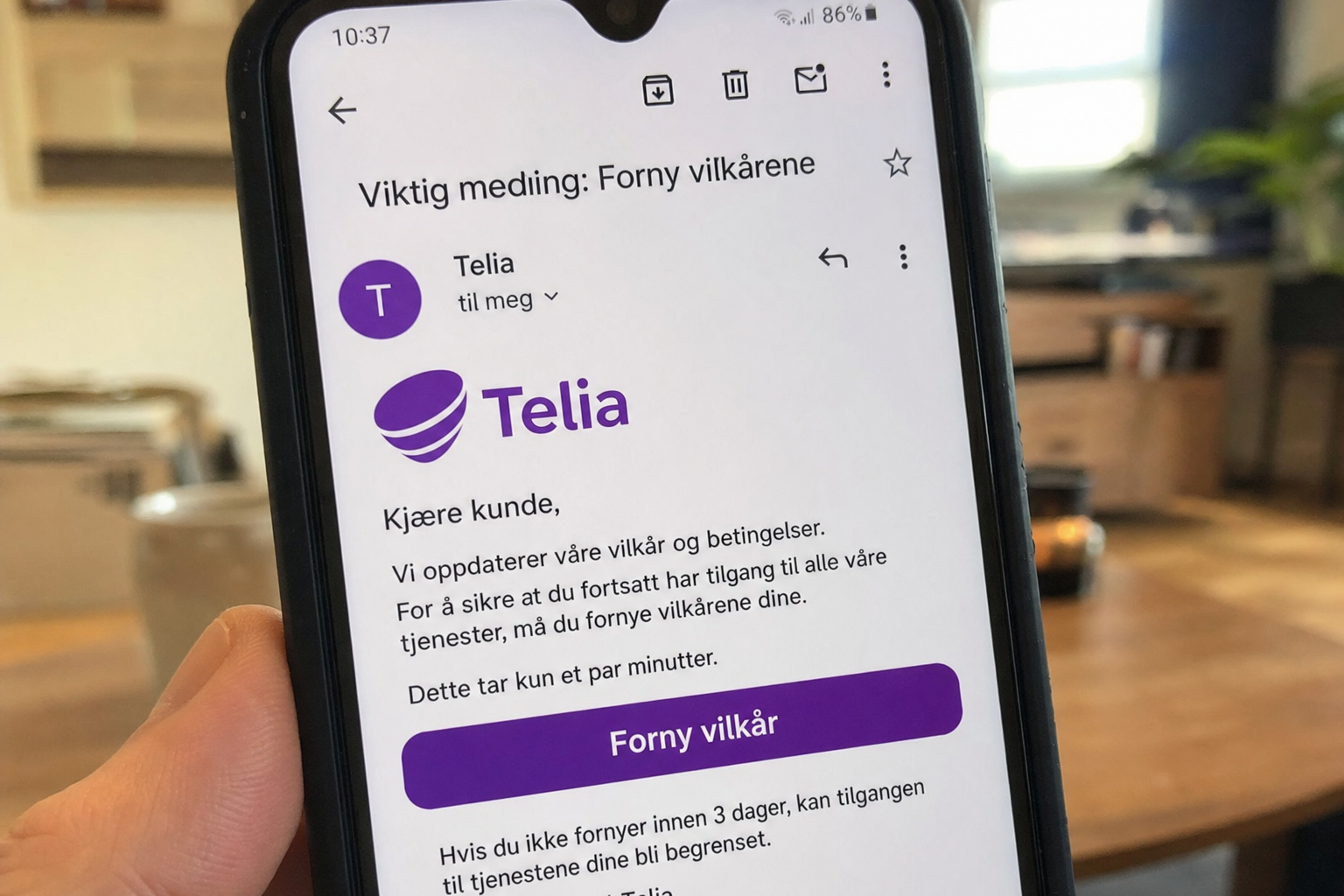 Telia advarer mot falske e-poster: Ber deg «fornye vilkår», ikke klikk på lenken